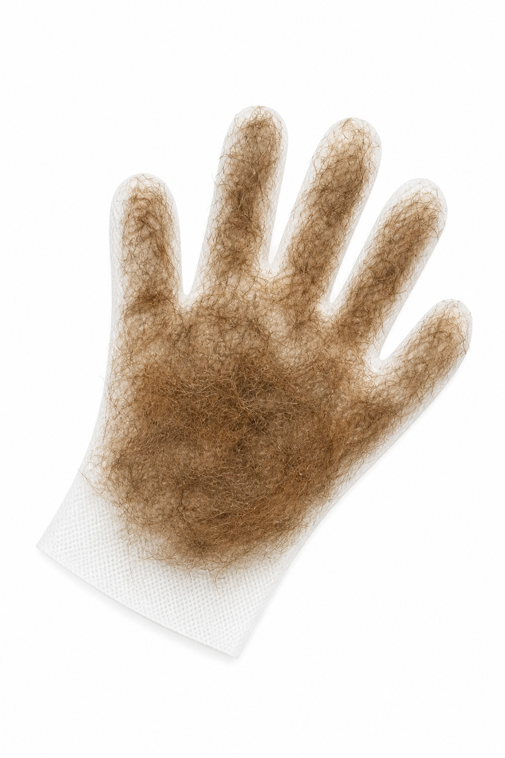 A grooming glove collecting loose brown pet fur