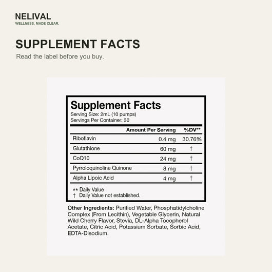 Nelival Liposomal Glutathione Supplement Facts label