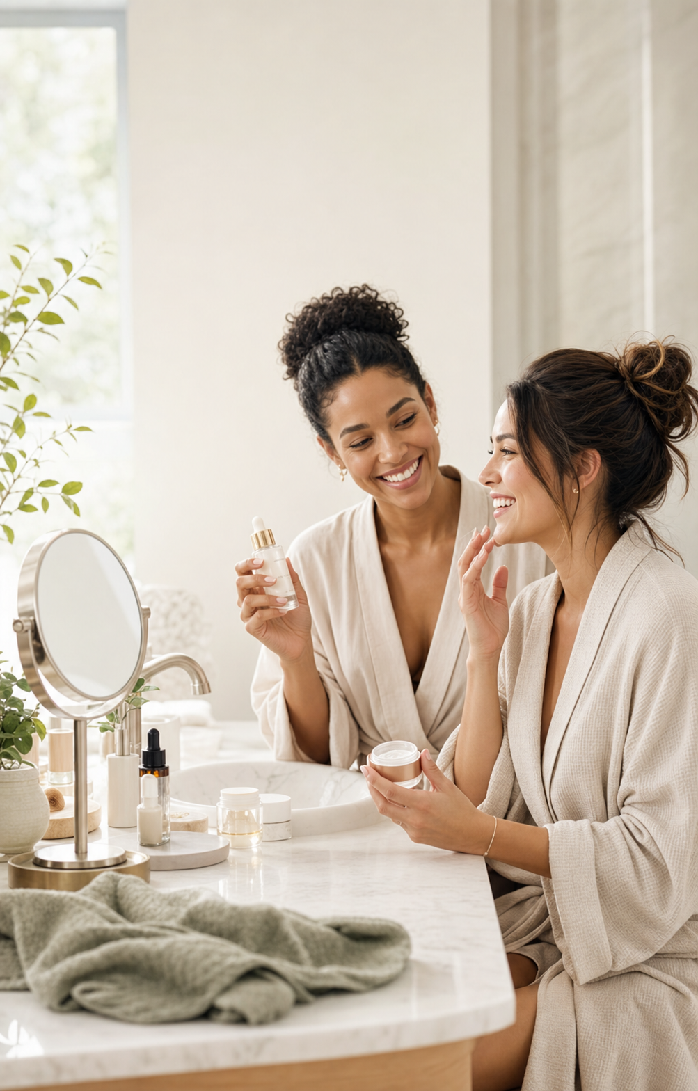Two women smiling during a bright skincare and wellness routine
