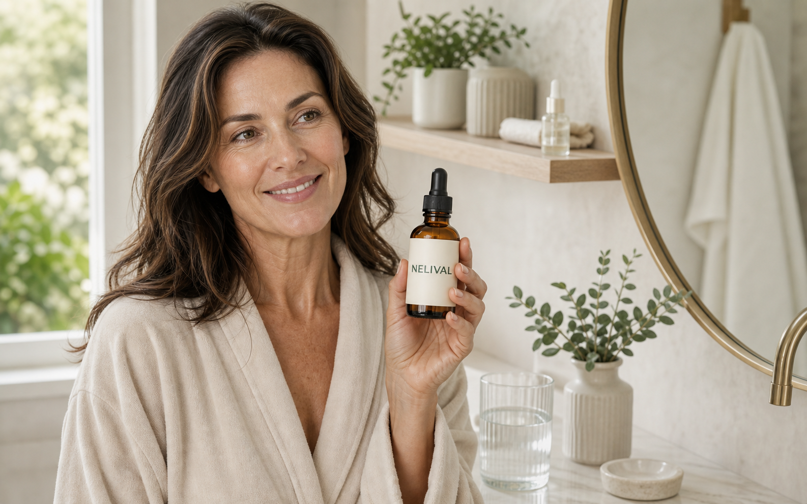 Woman smiling and holding Nelival botanical drops
