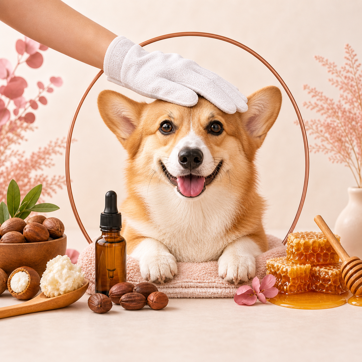 A pet parent using a white grooming glove on a happy dog, with jojoba, shea and honey inspired ingredients