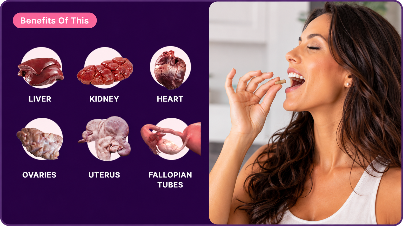 Nelival organ ingredient stack and woman taking capsule