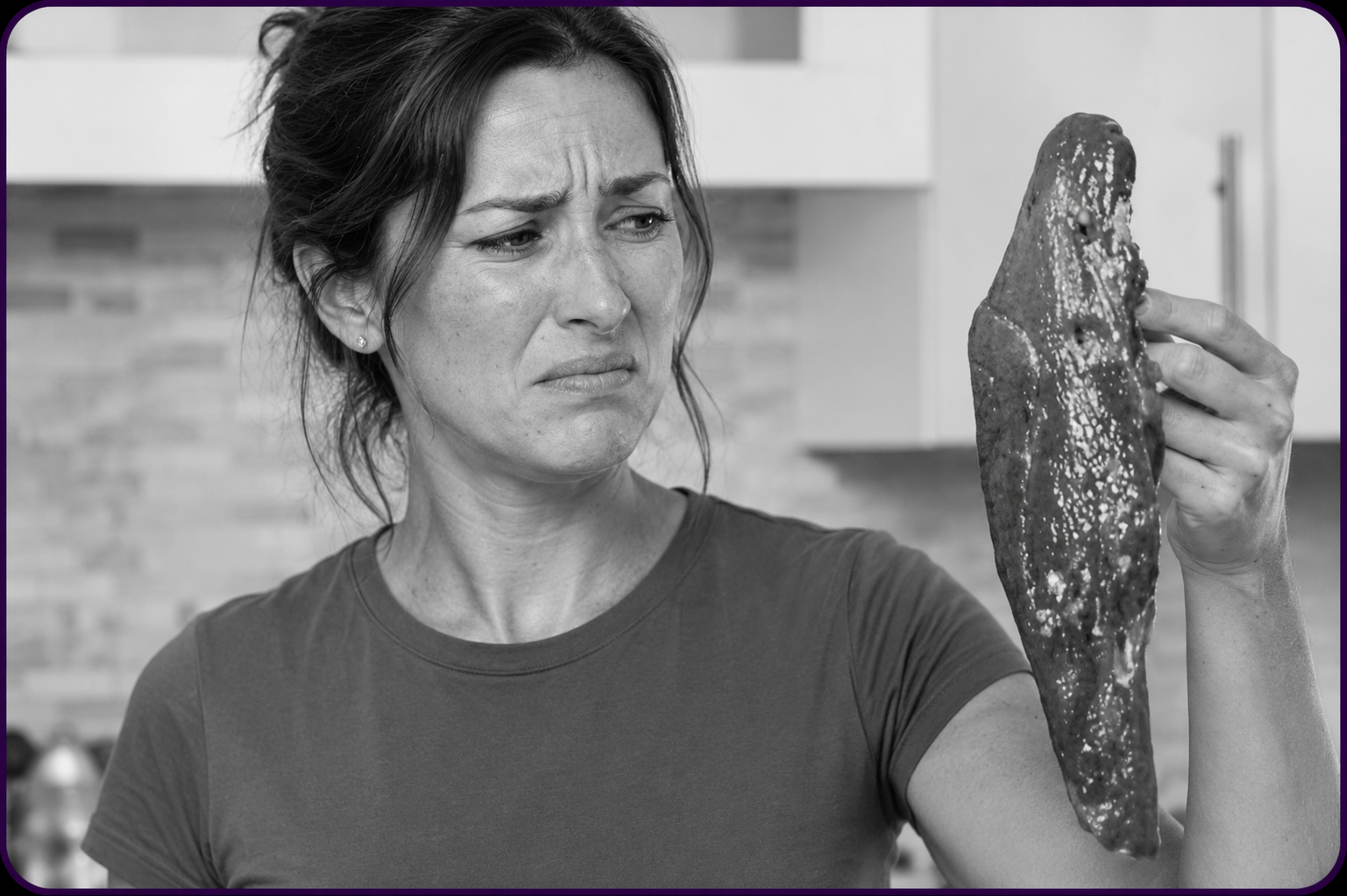Woman reacting to raw liver