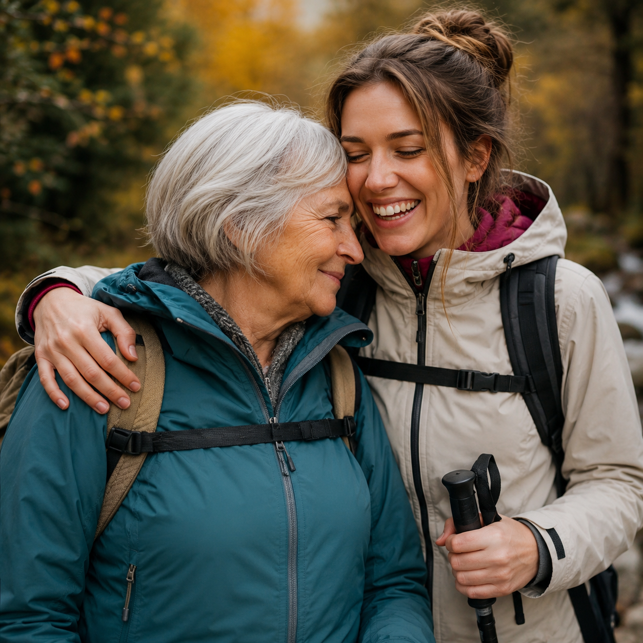 Older woman and younger woman hiking together outdoors