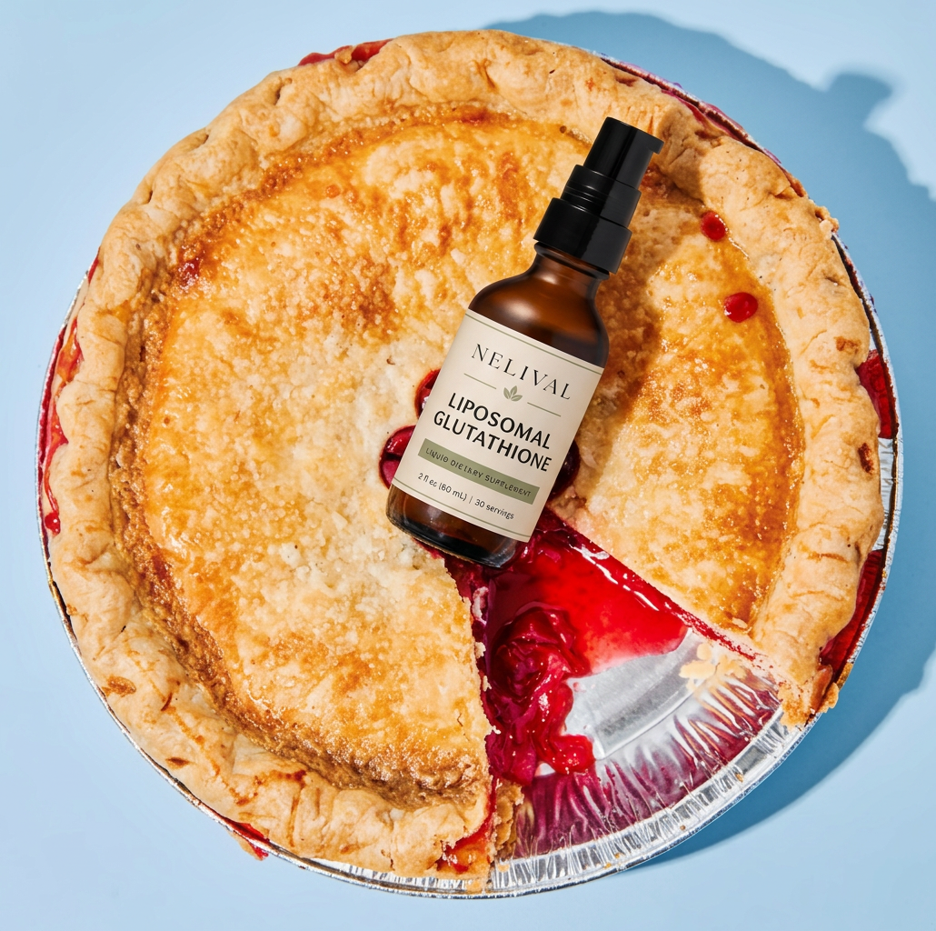 Nelival liposomal glutathione spray with cherry pie visual metaphor
