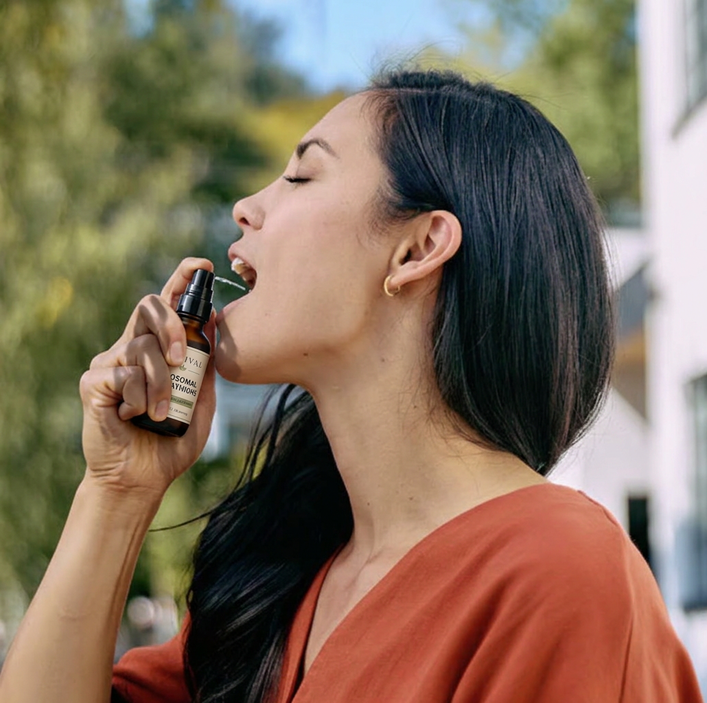 Woman using Nelival liposomal glutathione spray outdoors