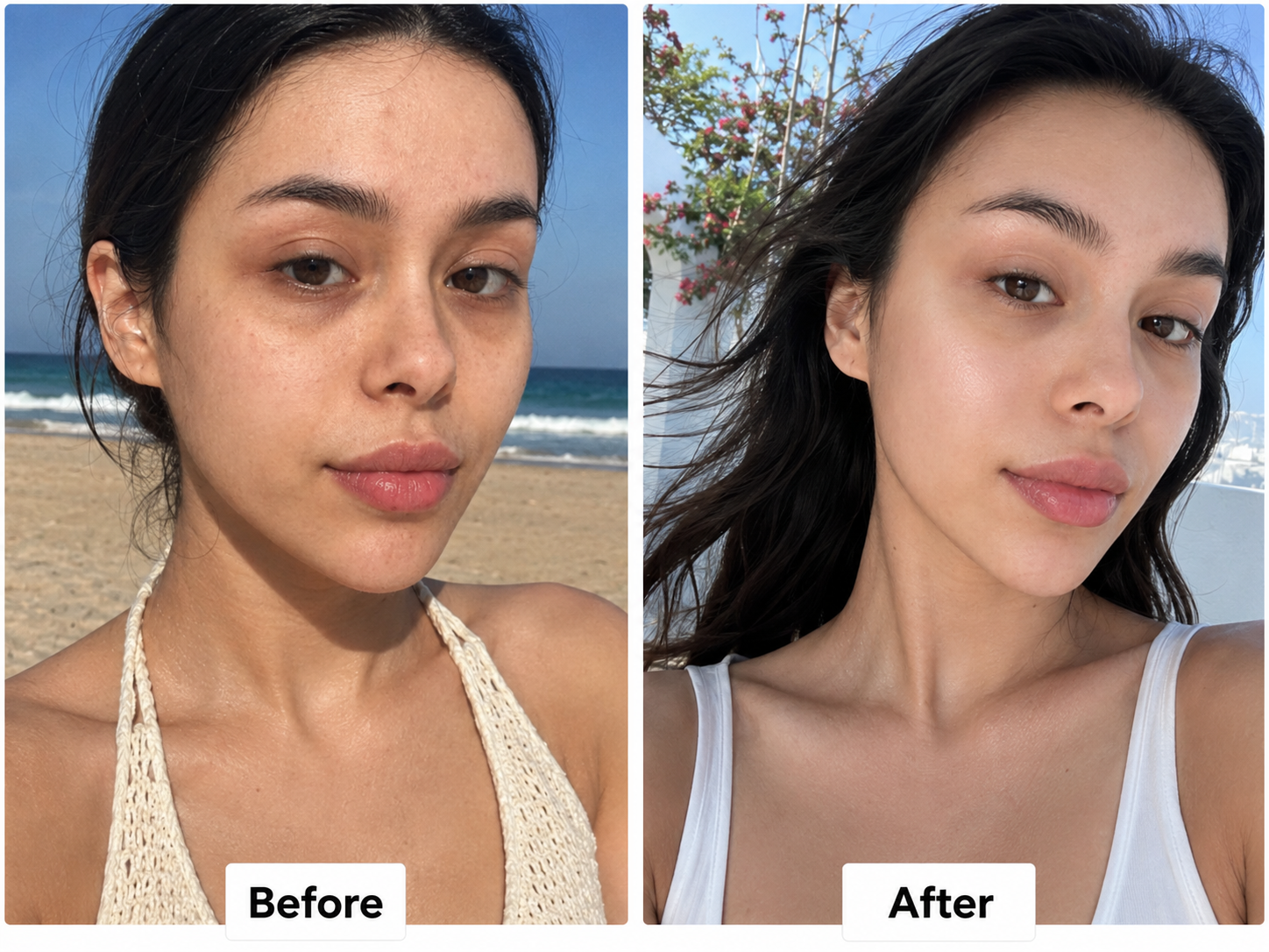 Before and after no white cast beach skin finish result
