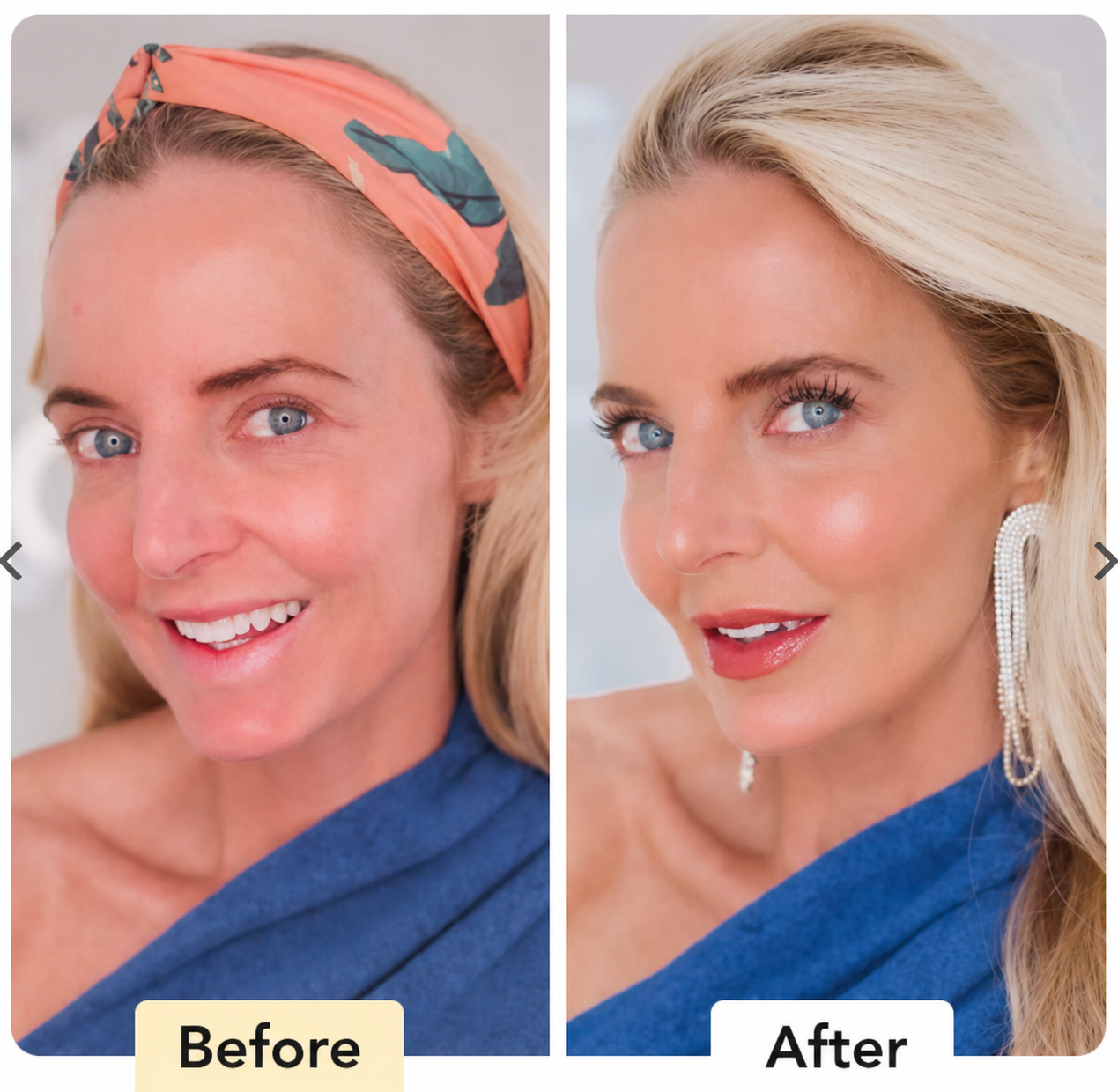 Before and after soft blur skin finish result on blonde model