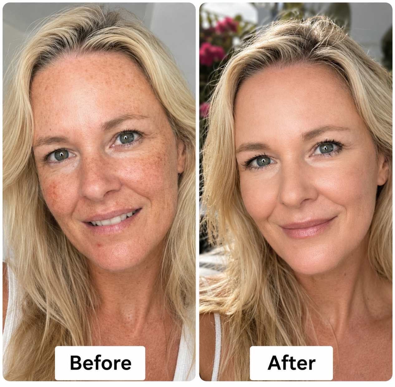 Before and after smoother sunscreen finish on freckled skin