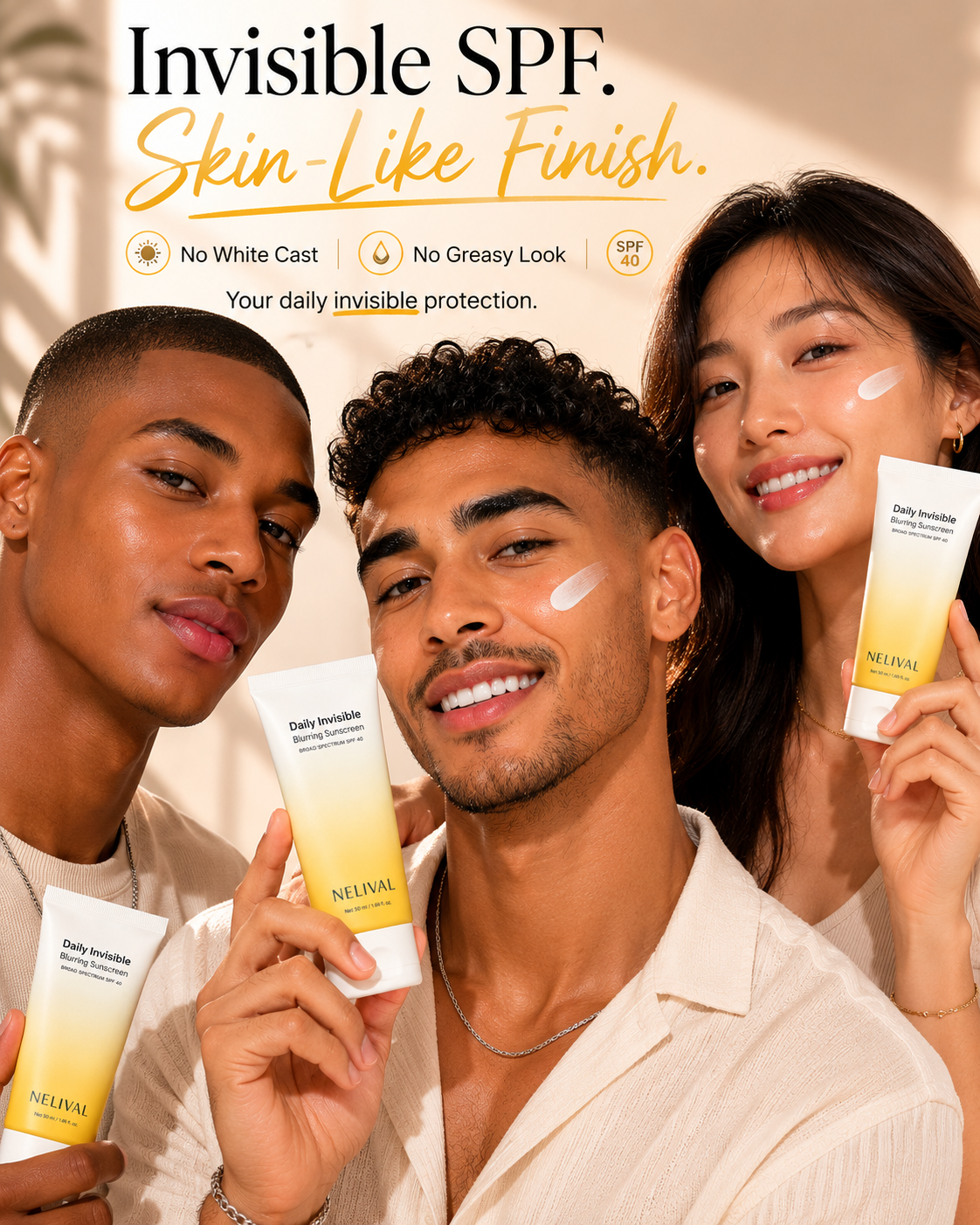 Nelival invisible SPF on diverse models with a skin-like finish