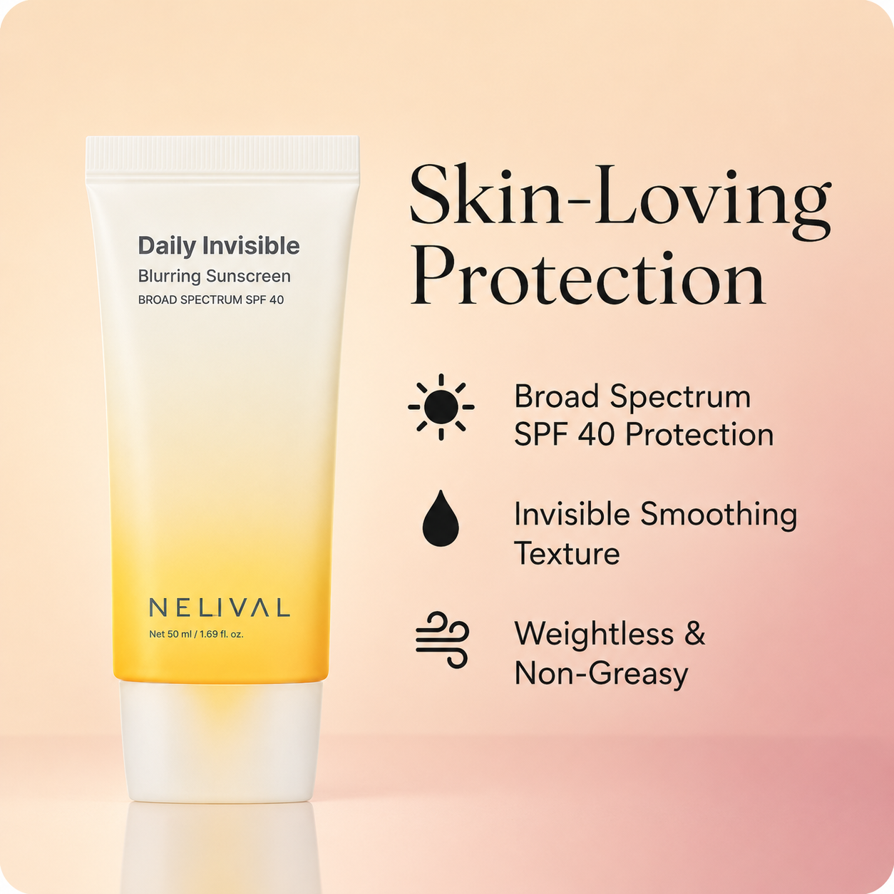 Nelival sunscreen broad spectrum SPF 40 and soft blur benefits
